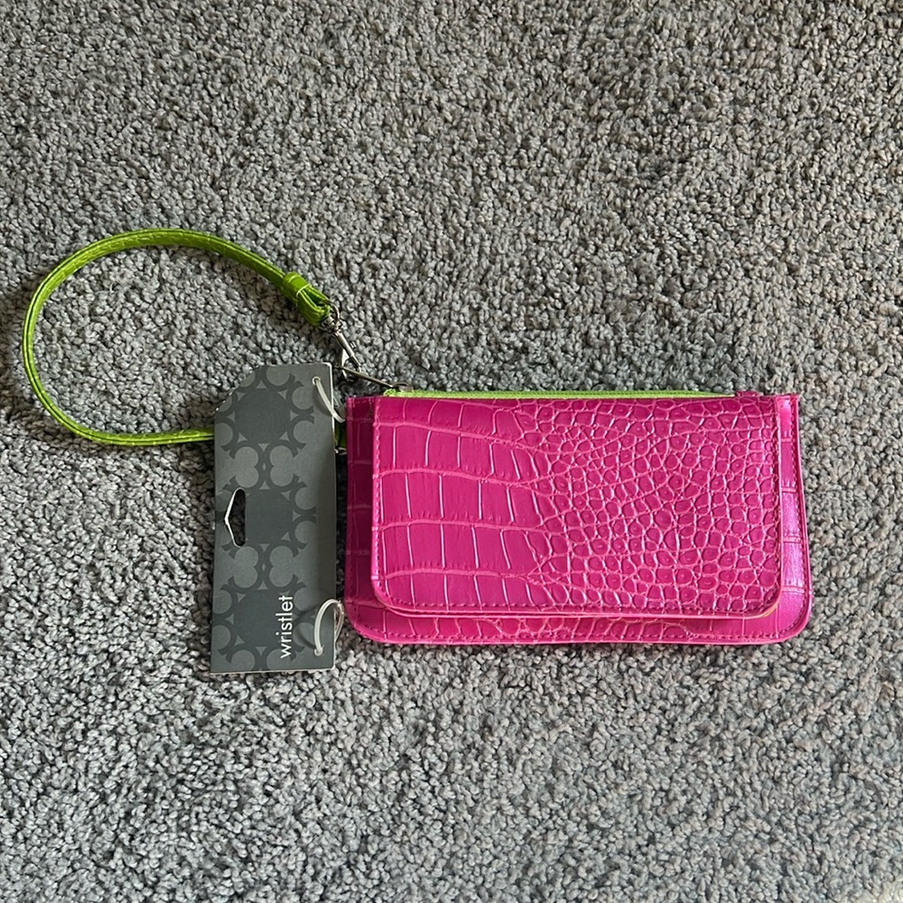 Pink and Green Croc-Embossed Wristlet